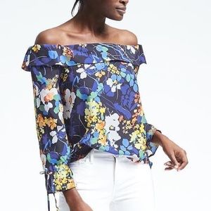 Banana Republic blue floral print off shoulder top